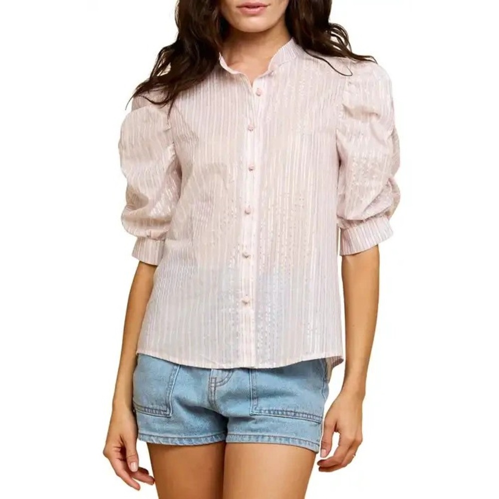 CIEBON Patrice Button-Up Blouse Top Medium Striped Puff Sleeve Metallic Gold